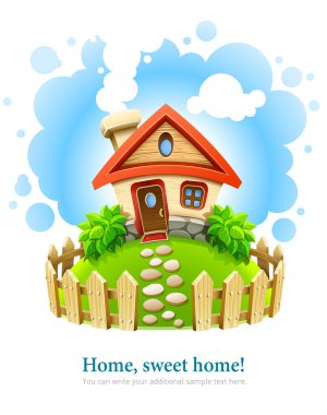 Fairy-tale house on lawn with fence clipart