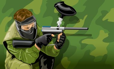 Vector paintball game player shooting clipart