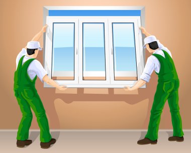 Two workers editing new plastic window clipart