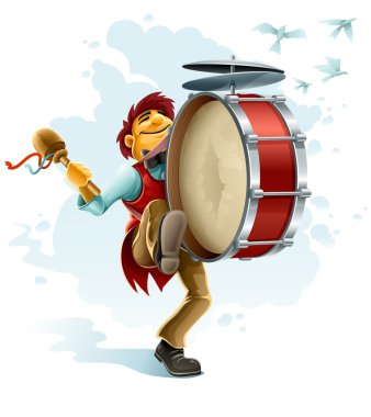 Happy street musician playing drum clipart