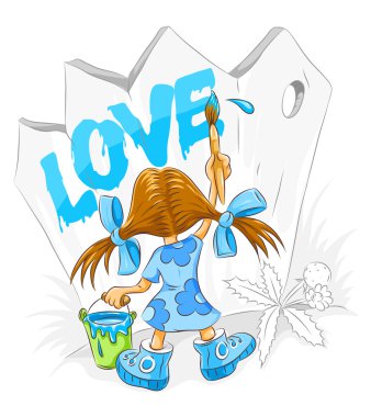 Little cartoon girl with paint brush drawing love clipart