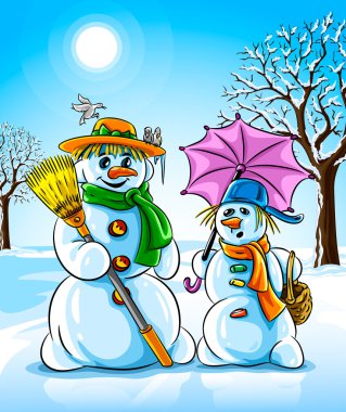 Vector winter snowmen with broom pink umbrella clipart