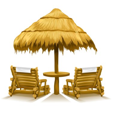 Two beach deck-chairs under wooden umbrella clipart