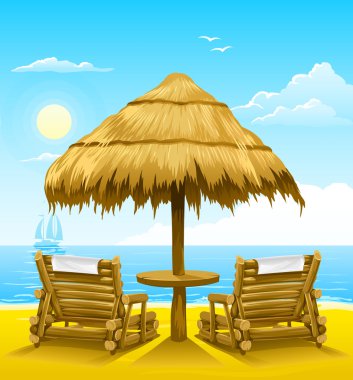 Two beach deck-chairs under wooden umbrella clipart