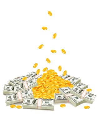 Golden coins dropping down on pile of dollar packs clipart