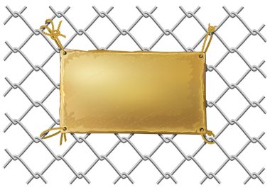 Blank bronze metal plate on a wire net clipart