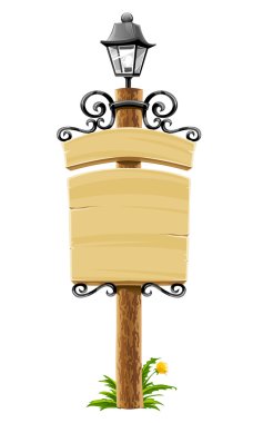 Wooden post with signboard, lantern and forged decoration clipart
