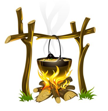 Day touristic campfire and kettle with food clipart