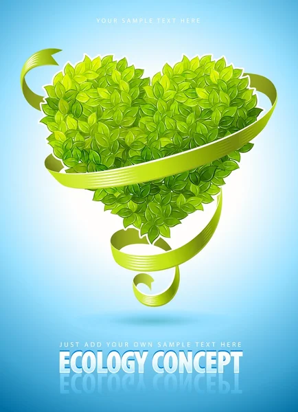 Ecology concept with heart of green leaves — Stock Vector