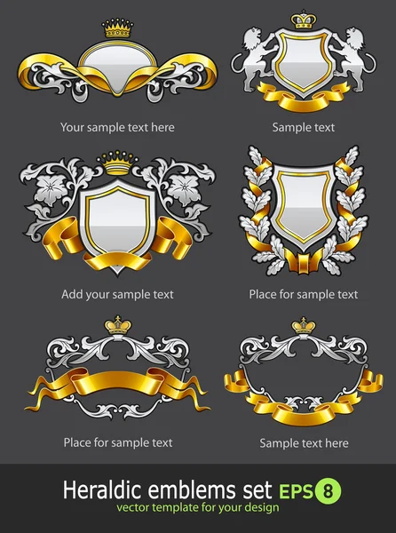 Conjunto de emblemas heráldicos vintage plata y oro — Vector de stock