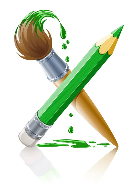 녹색 연필과 페인트 브러쉬 — 스톡 벡터