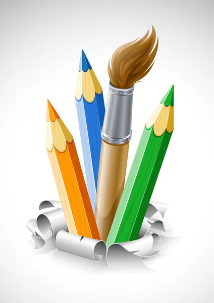 Χρωματιστά μολύβια και βούρτσα στο σκισμένο χαρτί — Διανυσματικό Αρχείο