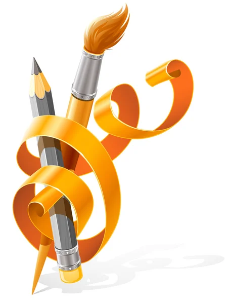 Τέχνη εργαλεία μολύβι και πινέλο πλεγμένο με πορτοκαλί κορδέλα — Διανυσματικό Αρχείο