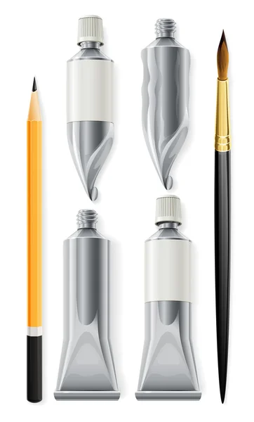 Ferramentas de artista lápis tubos com tinta e pincel — Vetor de Stock