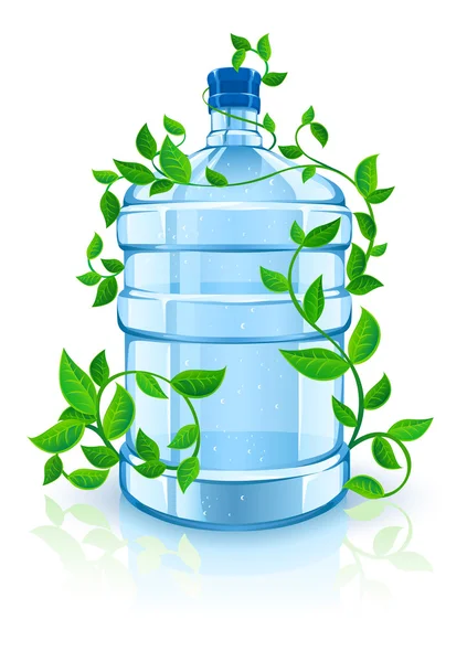 Garrafa grande com bebida de água azul limpa e folhagem verde —  Vetores de Stock
