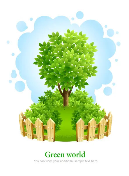 Strom na zeleném trávníku s dřevěným plotem — Stockový vektor