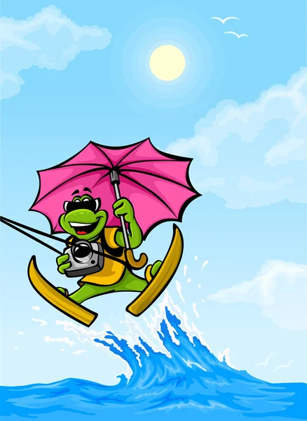 Żaba podróży wektor przejściem fali z parasolem — Wektor stockowy