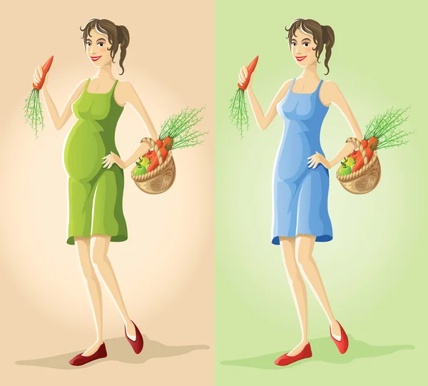 Figures of pregnant slender girl eating natural vegetarian food — Stock Vector