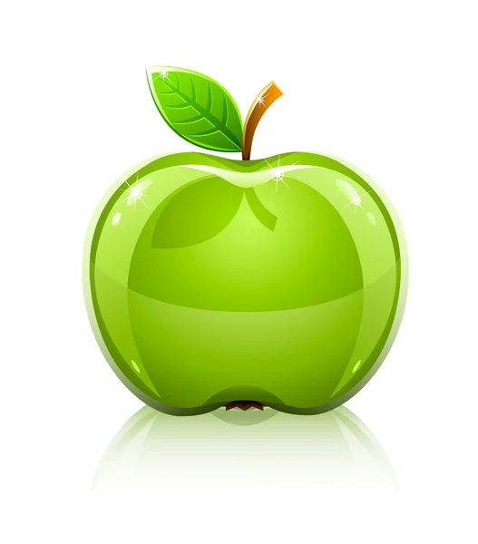 Γυαλιστερό γυάλινο πράσινο μήλο με φύλλα — Διανυσματικό Αρχείο