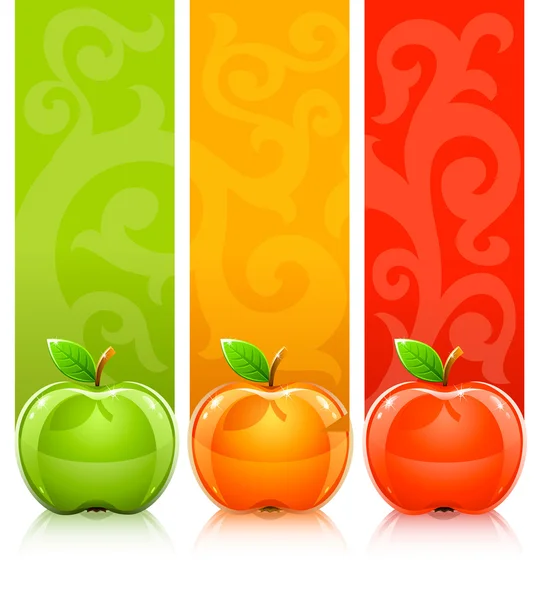 Tres manzanas coloreadas sobre fondo decorativo — Archivo Imágenes Vectoriales