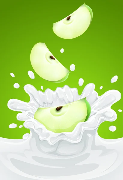 Зеленые яблоки, впадая в молоко с всплеск — стоковый вектор