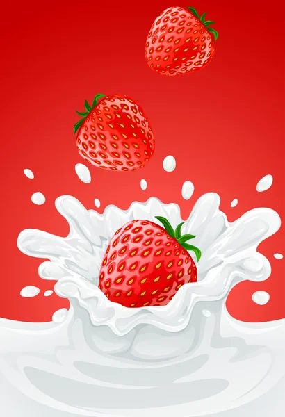 Red strawberry fruits falling into the milky splash — Stock Vector