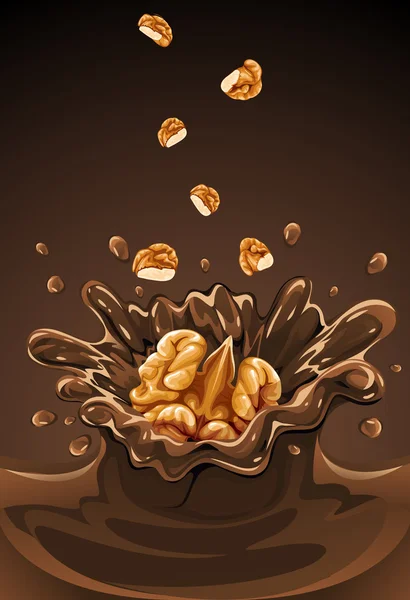 Walnut fruit falling into the chocolate with splash — Stock Vector