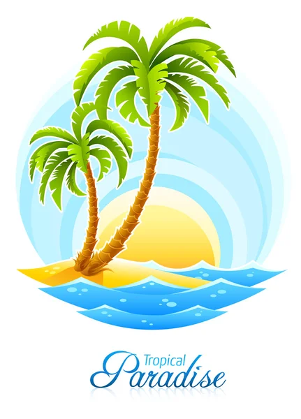 Palmeira tropical com a onda do mar sobre fundo ensolarado — Vetor de Stock