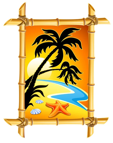 Paisaje abstracto playa con puesta del sol y de la palma — Vector de stock