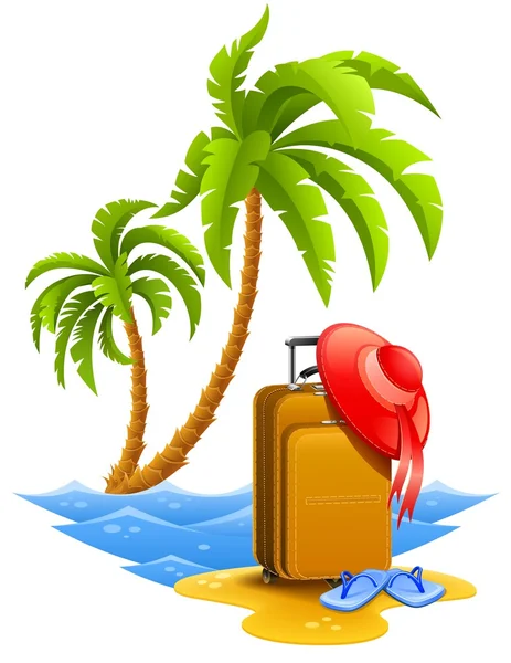 Леди путешествуют чемодан на тропическом пляже — стоковый вектор