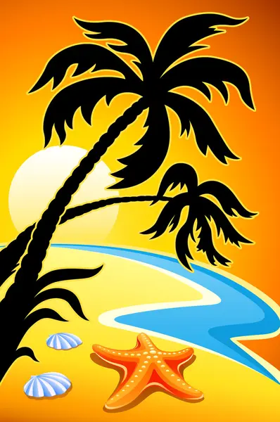 Gün batımı palmiye ve deniz yıldızı, soyut yatay — Stok Vektör