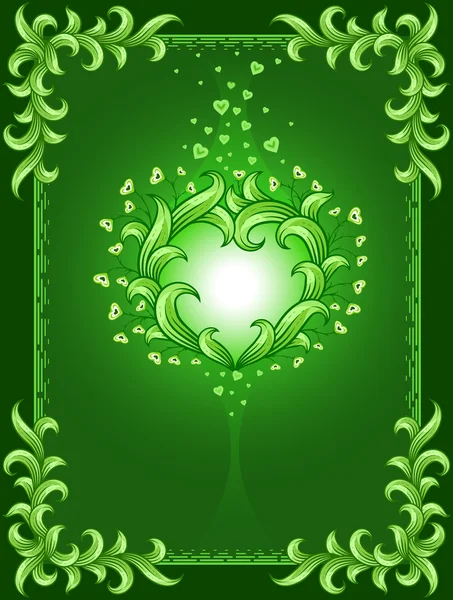 Fondo verde con marco flores y corazón — Vector de stock