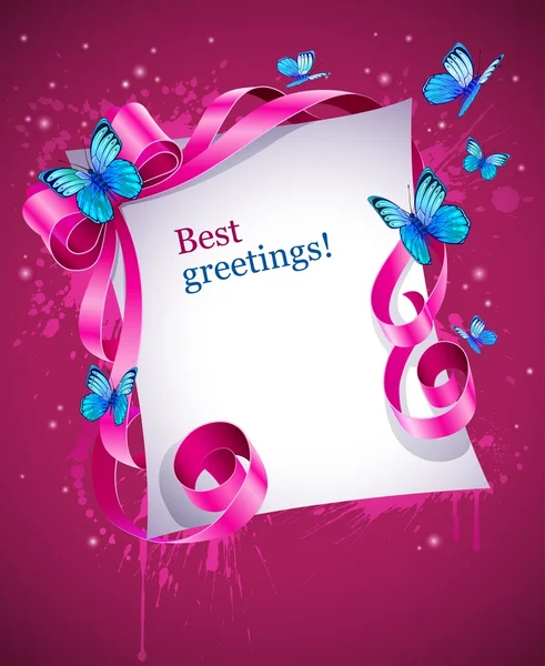 Tarjeta de felicitación con moño rosa y mariposa azul — Vector de stock