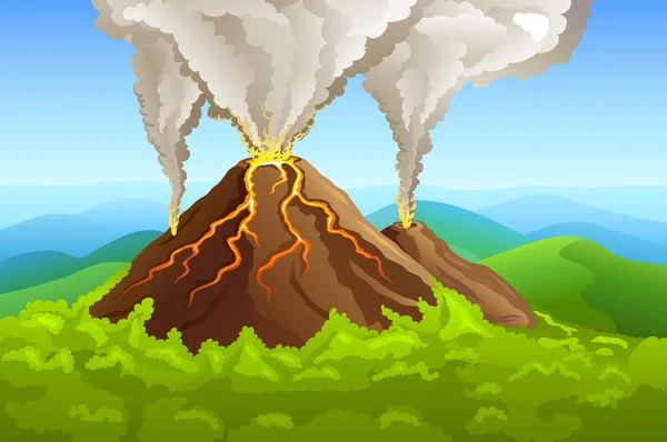 Дымящая вулкан среди зеленых лесов — стоковый вектор