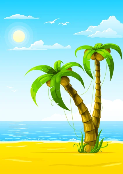 Векторный летний пляж с морским солнцем и пальмой — стоковый вектор