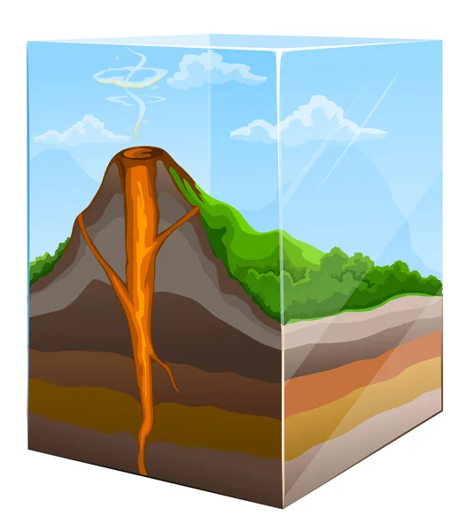 Montaña con sección de cráter de volcán en caja de cristal — Vector de stock
