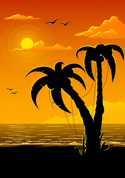 Παραλία καλοκαίρι διάνυσμα με θάλασσα ήλιο και παλάμη δέντρο — Διανυσματικό Αρχείο