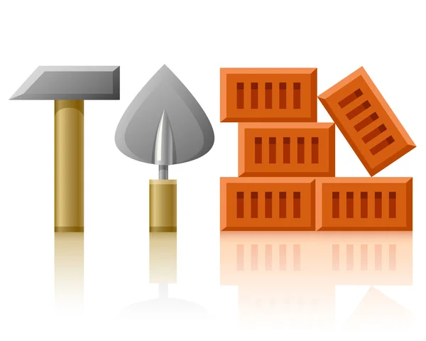 Edificio herramientas martillo llana y ladrillos — Vector de stock