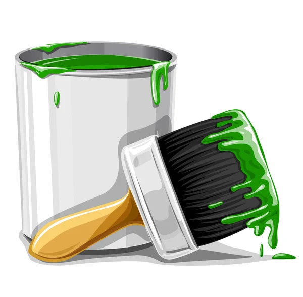 Vector pincel con pintura verde y cubo aislado — Vector de stock