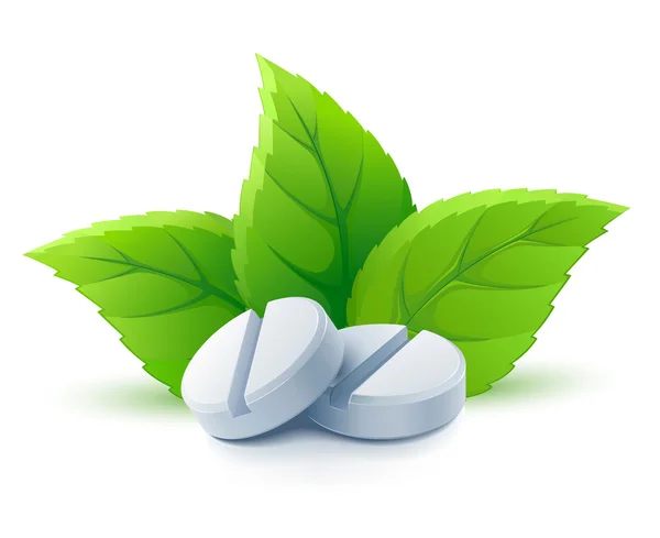 Pílulas de medicina naturais com folhas verdes — Vetor de Stock