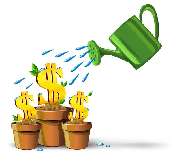 Zlaté peníze dolarů pěstování v květináčích — Stockový vektor