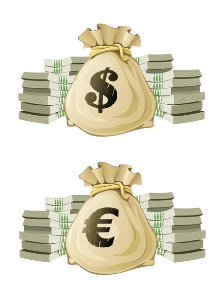 Full säck med euro och dollar pengar — Stock vektor