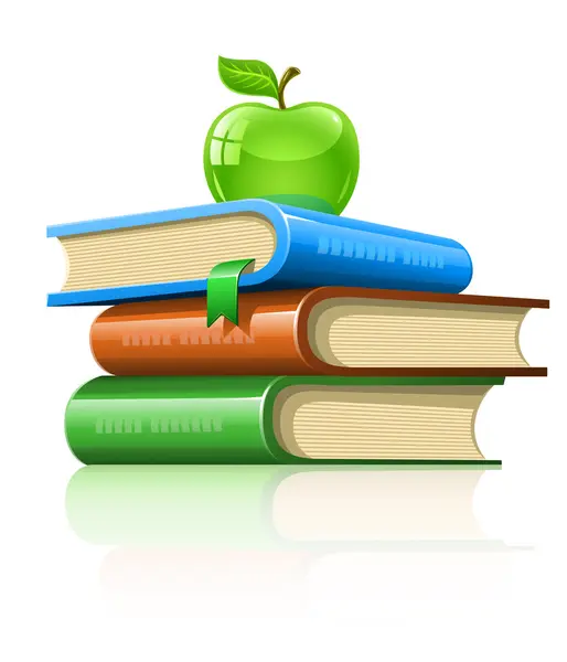 Kazık kitap ile yeşil elma — Stok Vektör