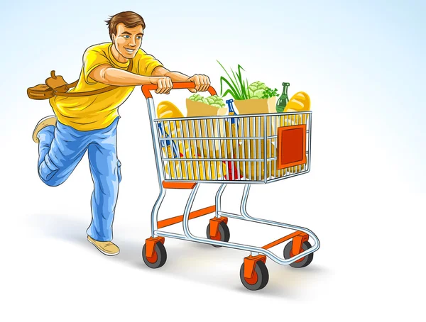 Běžící muž s nákupním vozíkem plným produktů — Stockový vektor