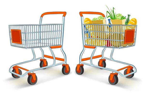 Plné a prázdné nákupní vozíky od supermarketu úložiště — Stockový vektor