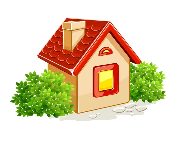 Kis ház zöld bokrok — Stock Vector