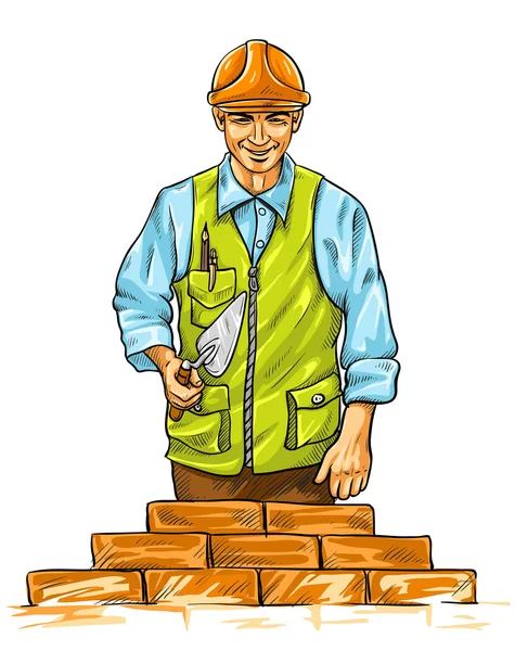 Builder man med derby verktyg bygga en mur — Stock vektor