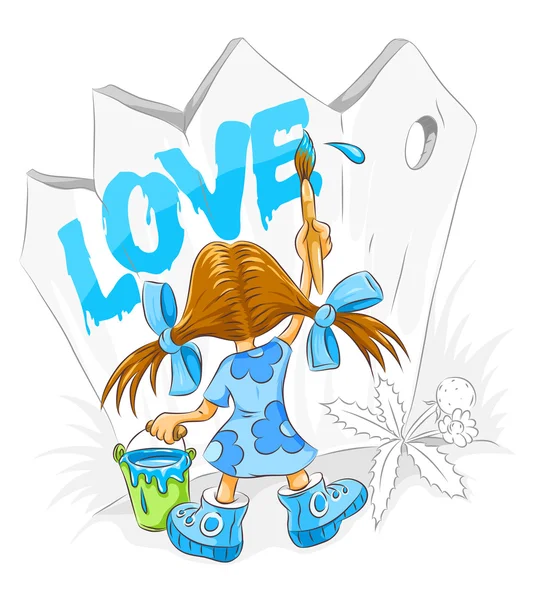 Weinig cartoon meisje met penseel tekening liefde — Stockvector