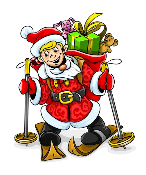 Vector Christmas Santa boy with gifts on skis — Stock Vector