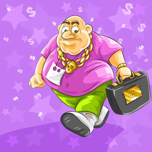 Rich fat businessman with full suitcase of dollars money — Stock Vector